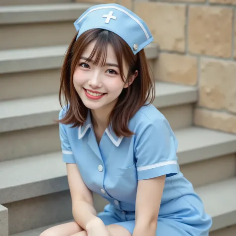 young Asian woman seen from a low angle, The colors are unified in muted pastel tones. she looks like she's in her late teens or early 20s、 She is wearing light blue nurse clothes, (Full body photo:1.20), She has brown hair that reaches her shoulders and w...