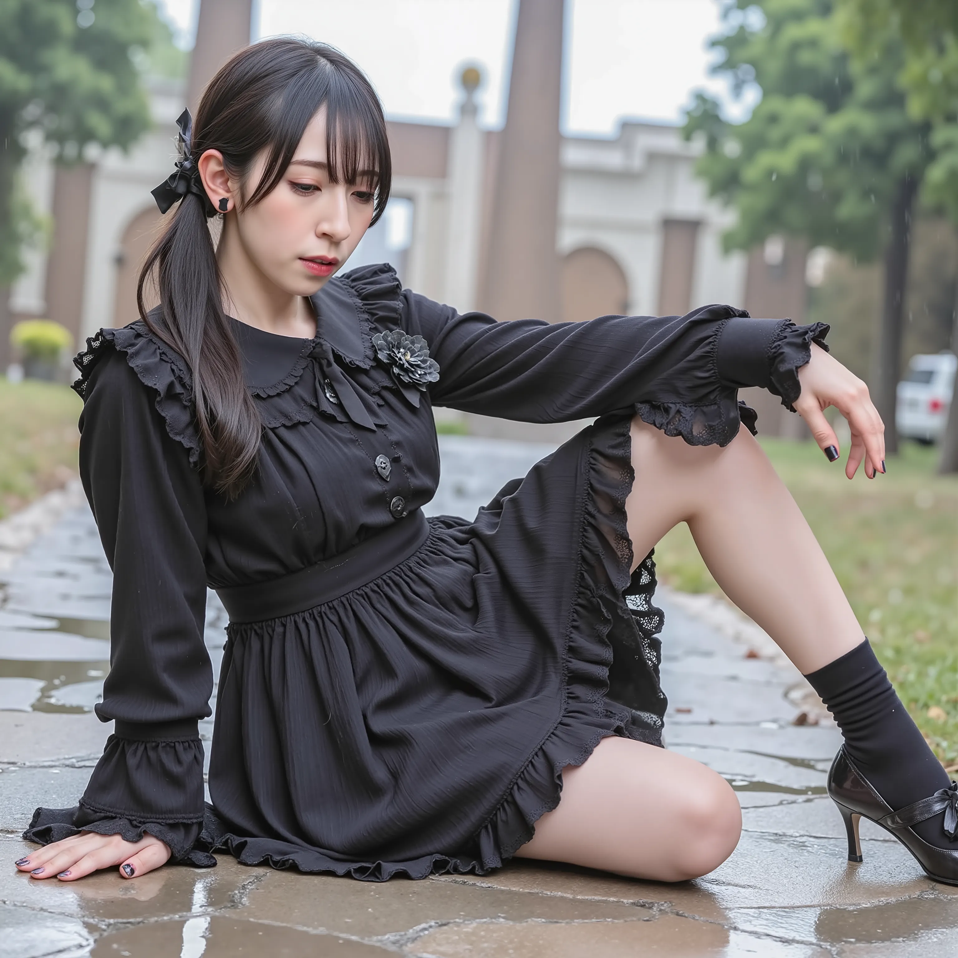 masterpiece, best quality, amazing quality, very aesthetic, absurdres, BREAK run0hana, black hair, single braid,silk gothic,corsage,lace,ribbons,frills,ruffle skirt,puffy sleeves,cleavage,pantyhose,pumps,black nails, frustrated,(dutch angle:0.2),(from belo...
