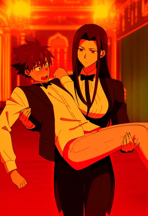 Role reversal, female carrying male, anime style , female wearing a tuxedo butler outfit carrying male wearing a shirt in her arms, handsome girl,1girl, princess carry,1boy, bridal style, female carrying male, role reversal, ,AddXLvivid