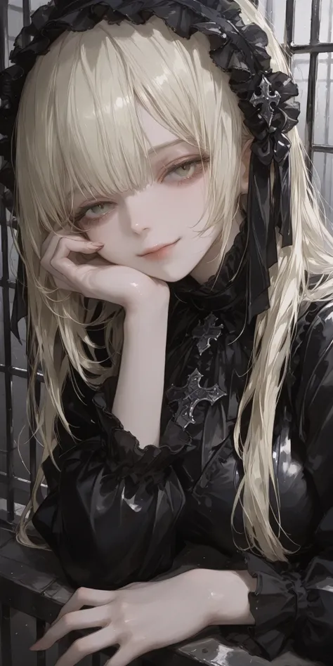 best quality, masterpiece, ultra detailed, atnr, SagawaStyle, 748cmstyle, 1girl, large breast, sweet, blonde long hair, princess cut, shiny skin, overly detailed pupils, headdress, dark Gothic, resting her cheek on her hand, light smile, half closed eyes, ...