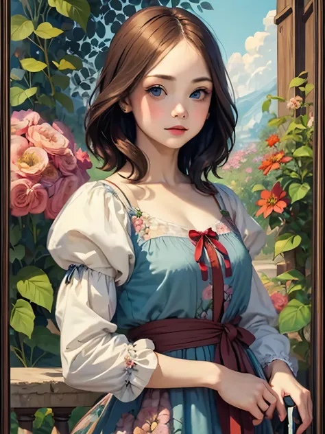 394 ((young woman)),(short hair),(Neat hair),(floral dress),(Leonardo da Vinci style paintings)