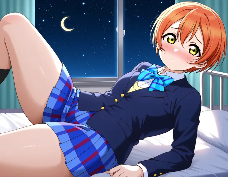 1girl, hoshizora rin, striped, short hair, blush, otonokizaka school uniform, lovelive_rin black blazer, blue plaid skirt, blue stripe bowtie, orange hair, very short hair, hair between eyes, yellow green eyes,thick thighs,knee up,crescent moon, stars (sky...
