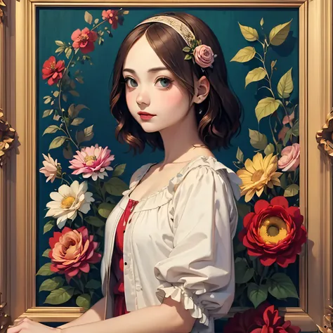 394 ((young woman)),(short hair),(Neat hair),(floral dress),(Leonardo da Vinci style paintings)