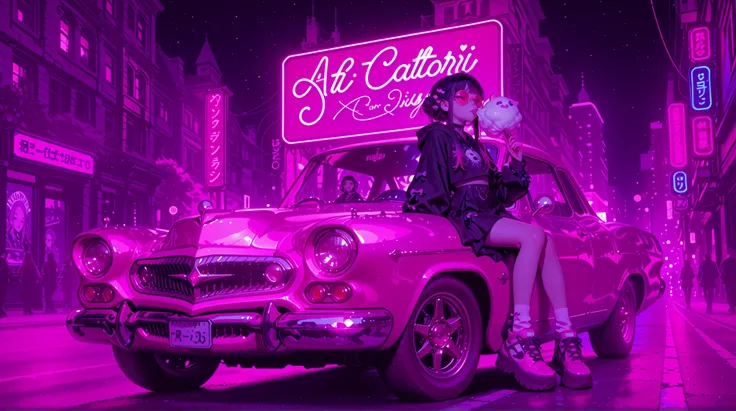 A peculiar Japanese couple in colorful Harajuku fashion mixed with pastel colors Gothic aesthetics. You sit on the hood of a vintage pink Cadillac, with joy eating cotton. Your outfits combine pastel shades with gothic accessories: bows , Seil, Sneaker mi...