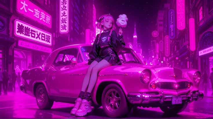 A peculiar Japanese couple in colorful Harajuku fashion mixed with pastel colors Gothic aesthetics. You sit on the hood of a vintage pink Cadillac, with joy eating cotton. Your outfits combine pastel shades with gothic accessories: bows , Seil, Sneaker mi...