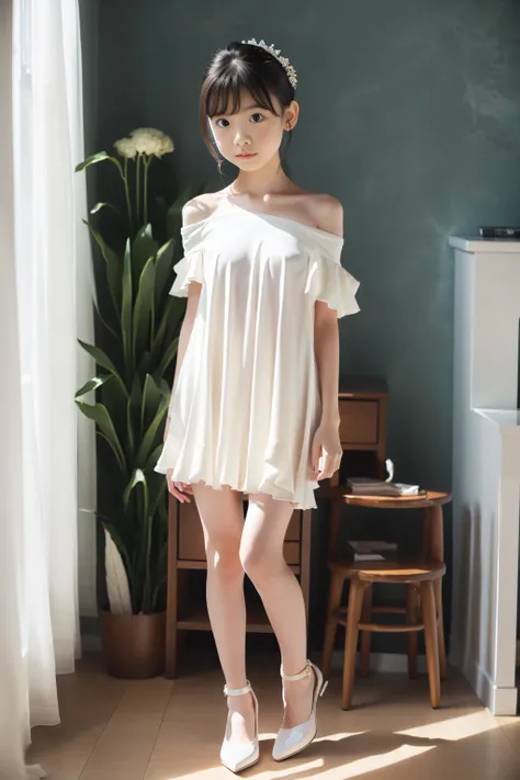 (((Full body portrait:1.5))),((arms behind back)),(pigeon toed),(very cute petite Japanese girls with a face),(Short stature),(skinny body),(short limbs),(thin thighs),(Extremely short miniskirt),(Transparent pure white off-shoulder dress),(lightly dresse...