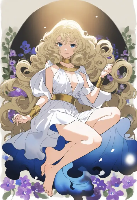 1 girl, blue eyes,White Extra Long Curly Hair,Ancient Greek Style Costumes, don't forget me, flower sea ,Gradient Sea of Flowers Background, Bare Feet ,Smile, from a bird's-eye view,movie lighting