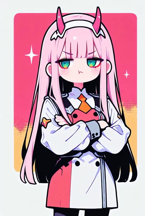 1girl, (chibi:0.7), Jitome, kawaii, sparkle, zero two \(darling in the franxx\), darling in the franxx, sulking,  :t, pout, looking side, bangs, black eyeliner, blunt bangs, closed mouth, coat, cowboy shot, crossed arms, dress, green eyes, hairband, horns,...