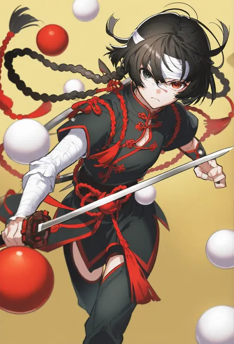 1 girl, Heterochromia, Highlights,white ball head,braid,Red Eyes, Black eyes,Chinese knot,Classical Chinese warriors,carry a long sword on their back,fist,bandage,gold background,Frown,serious