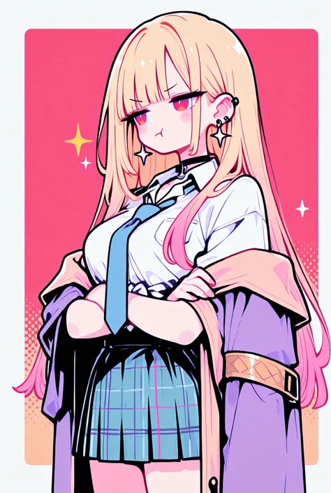 1girl, (chibi:0.7), Jitome, kawaii, sparkle, kitagawa marin \ sulking, :t, pout, looking side, bangs, black eyeliner, blunt bangs, closed mouth, coat, cowboy shot, crossed arms, blonde hair, long hair, multicolored hair, red eyes, jewelry, earrings, pierci...