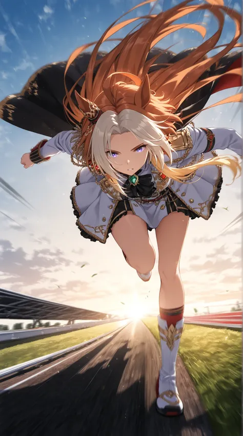 (masterpiece, best quality, ultra-detailed, anime style, cinematic lighting, extreme motion, low-angle dynamic view), orfevre \(umamusume\), sprinting at incredible speed over, forward-leaning pose, one leg extended mid-stride, arms trailing behind, hair a...