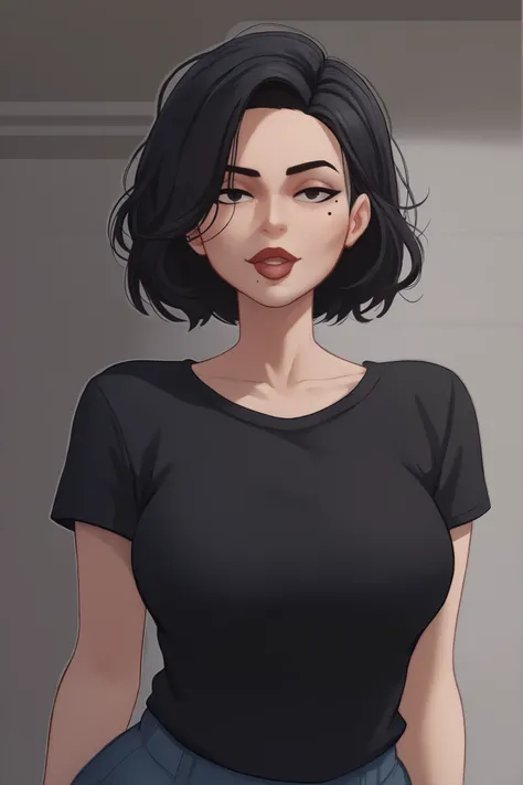 lips,tall, milf,  beauty mark, medium breasts, cool face, brunnete, short curvy hair, black hair, (((character for visual novel))), Black T-shirt ,Talking to viewer
