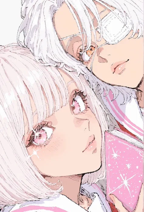  546L, alone, พื้นหลังสีblue,  on the side, 1Girls, Eye patch , sailor collar, Short hair, medical Eye patch , white sailor collar, Split lips, simple background, school uniform, with one eye closed, hold, white hair, ue, Japanese School Uniform, pink eyes...