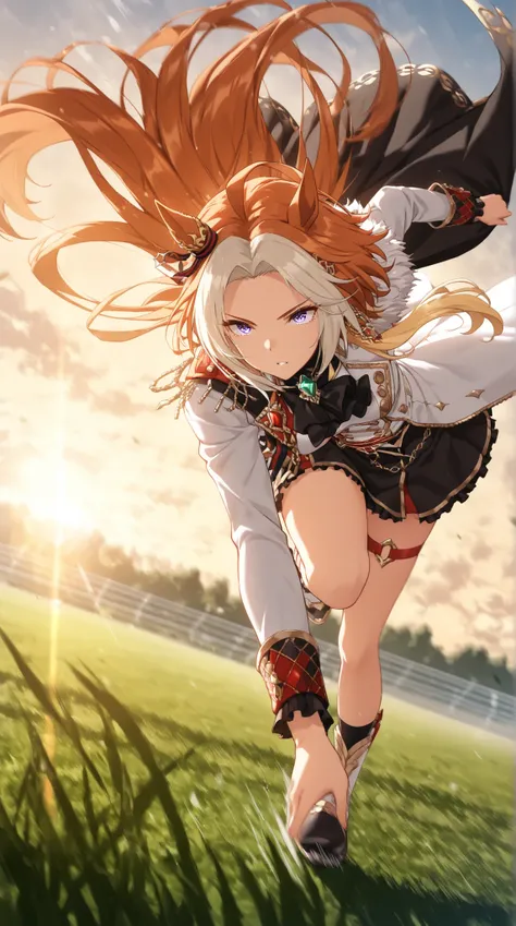 (masterpiece, best quality, ultra-detailed, anime style, cinematic lighting, extreme motion, low-angle dynamic view), orfevre \(umamusume\), sprinting at incredible speed over, forward-leaning pose, one leg extended mid-stride, arms trailing behind, hair a...