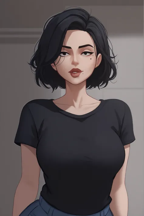 lips,tall, milf,  beauty mark, medium breasts, cool face, brunnete, short curvy hair, black hair, (((character for visual novel))), Black T-shirt ,Talking to viewer