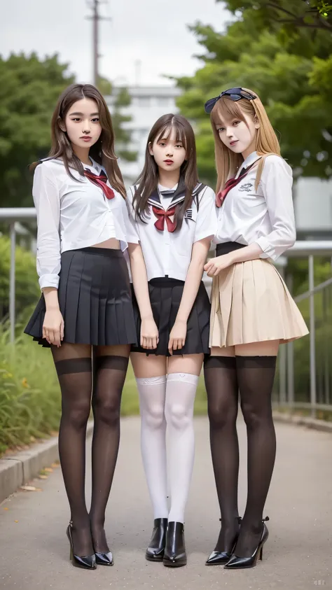 ((((There are 4 people :1.8))))、((isters))、Gal、(Neon Streets)、(((4 tall high school students so、Model-like figure:1.8)))、(standing facing this direction), full body photography、(((Gal達の修学旅行の集合写真:1.7)))、(Wide thigh, とてもlong leg), high heels on the ground, c...