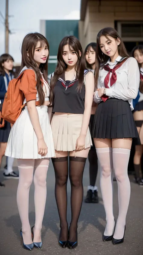 ((((There are 4 people :1.8))))、((isters))、Gal、(Neon Streets)、(((4 tall high school students so、Model-like figure:1.8)))、(standing facing this direction), full body photography、(((Gal達の修学旅行の集合写真:1.7)))、(Wide thigh, とてもlong leg), high heels on the ground, c...