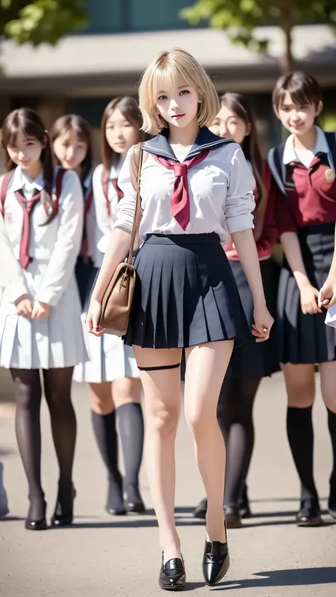 ((((There are 4 people :1.8))))、((isters))、Gal、(Neon Streets)、(((4 tall high school students so、Model-like figure:1.8)))、(standing facing this direction), full body photography、(((Gal達の修学旅行の集合写真:1.7)))、(Wide thigh, とてもlong leg), high heels on the ground, c...