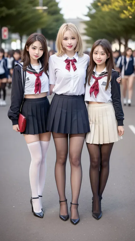 ((((There are 4 people :1.8))))、((isters))、Gal、(Neon Streets)、(((4 tall high school students so、Model-like figure:1.8)))、(standing facing this direction), full body photography、(((Gal達の修学旅行の集合写真:1.7)))、(Wide thigh, とてもlong leg), high heels on the ground, c...