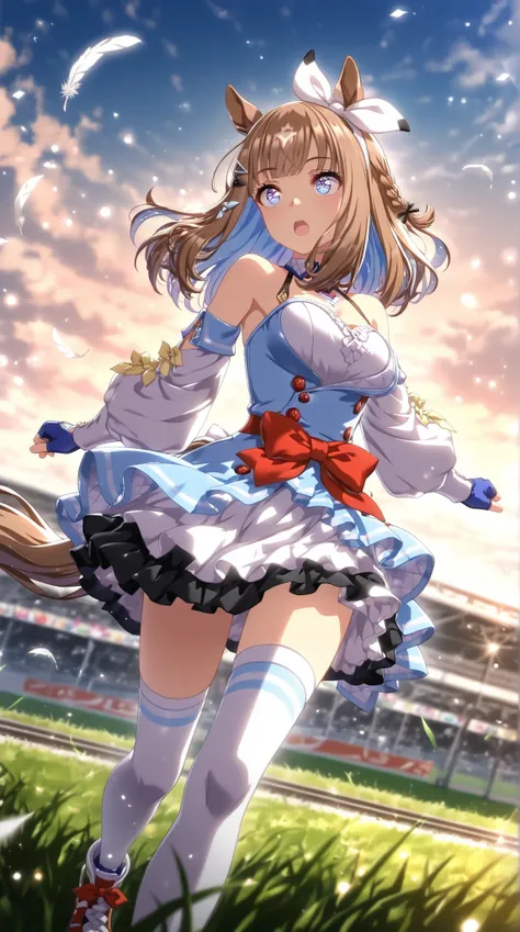 (masterpiece, best quality, ultra-detailed, anime style, cinematic lighting, low-angle dynamic view), distant view, Running Girl,{almond eye (umamusume)},blue eyes,colored inner hair,mini skirt,Dynamic Pose,forward-leaning poseRun at incredible speed, , , ...