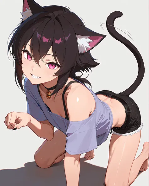 masterpiece,top quality,Super Detailed、high definition、8K Quality、Simple Background、Adult, toned body、Fantasy world clothes,、short pants、Fight motion、shirt、Animal ears、Black line、Combat style、Dynamic、confront the enemy、Barefoot、Sharp Claws、 kimono、Smiling、...