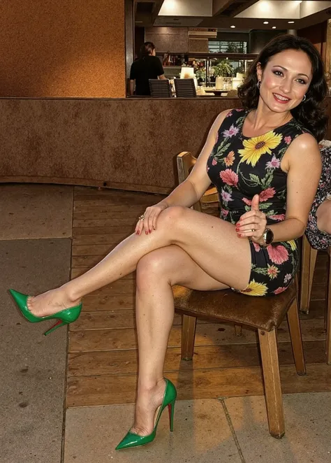 Hon_Wil_1980,A photograph of a fair-skinned blonde woman with voluminous, wavy hair cascading over her shoulders, posing confidently on a concrete patio floor in a stylish outdoor dining venue. She wears a long-sleeved, deep V-neck paisley bodysuit in shad...
