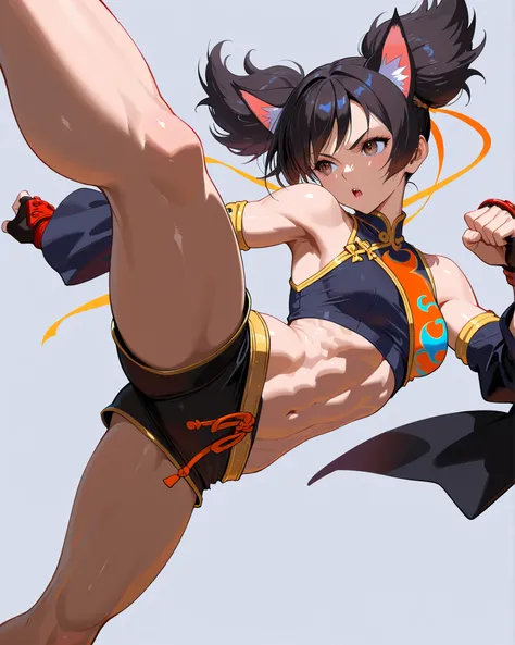 masterpiece,top quality,Super Detailed、high definition、8K Quality、Simple Background、Adult, toned body、Fantasy world clothes,、short pants、Fight motion、shirt、Animal ears、Black line、Combat style、Dynamic、confront the enemy、Barefoot、Sharp Claws、 kimono、Street F...