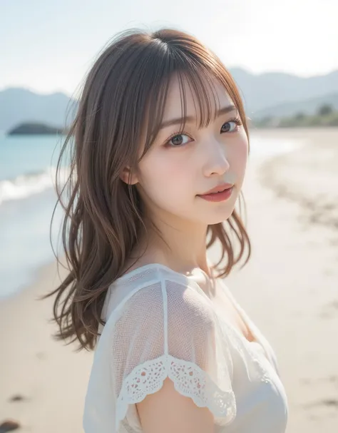 a beautiful seaside beach、gentle waves、 mountains in the distance 々Scenery that can be seen、in 8K:1.5,Best Quality:1.4, 超A high resolution:1.5, (Photorealistic:1.4),masterpiece:1.2,(top-quality:1.4)、Raw photo、1a japanese girl、Cute、 (RAW photo:1.2), (photo...
