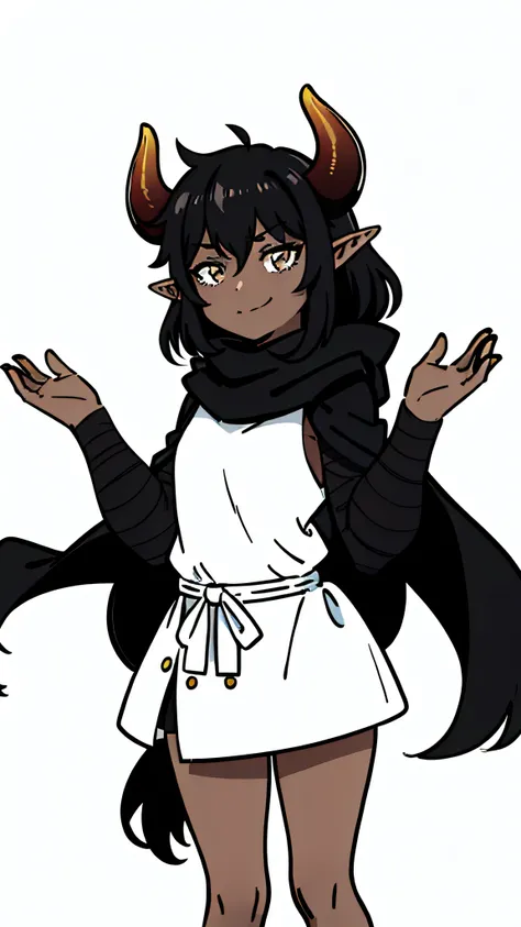 (1girl, solo ,10s, female,small), smile,mocking , long hair, black hair,horns,elf ears,((black scarf)),(((dark skin))),(white background, line drawing),shrugging