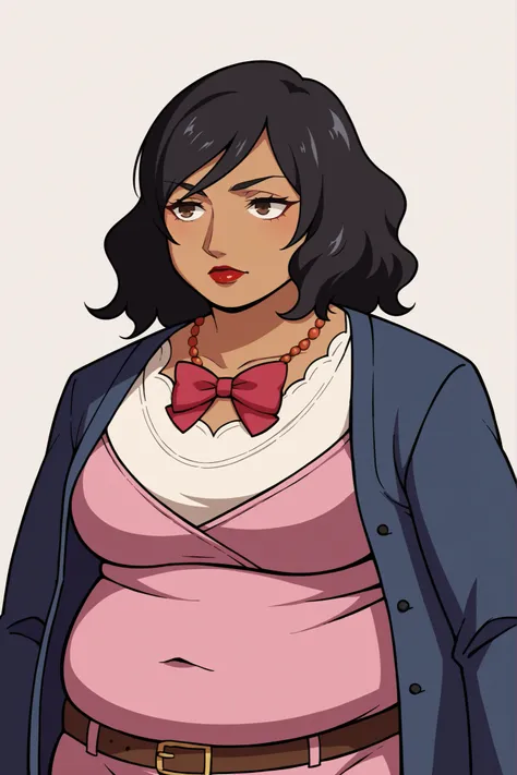 masterpiece, best quality, 1girl, solo, female focus,  p5principal, obese, score_9, score_8_up, score_7_up, source_anime BREAK 1girl, solo,   chounop5, black hair, medium hair, brown eyes, pink dress, necklace, dark skin, lipstick, Jacket, formal, White sh...