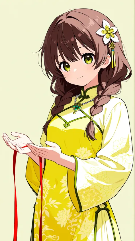 score_9, score_8_up , score_7_up , score_9,Score_9, Score_8_up , Score_7_up ,Create a sweet ancient style picture, focusing on the character's features: long brown hair (braided hair, hair accessories), yellow ancient cheongsam (green decoration, pattern),...