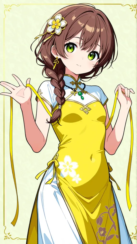 score_9, score_8_up , score_7_up , score_9,Score_9, Score_8_up , Score_7_up ,Create a sweet ancient style picture, focusing on the character's features: long brown hair (braided hair, hair accessories), yellow ancient cheongsam (green decoration, pattern),...
