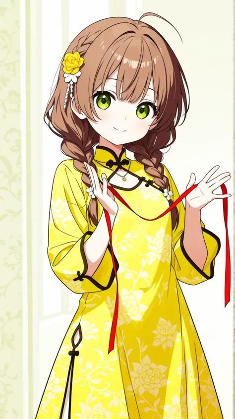 score_9, score_8_up , score_7_up , score_9,Score_9, Score_8_up , Score_7_up ,Create a sweet ancient style picture, focusing on the character's features: long brown hair (braided hair, hair accessories), yellow ancient cheongsam (green decoration, pattern),...