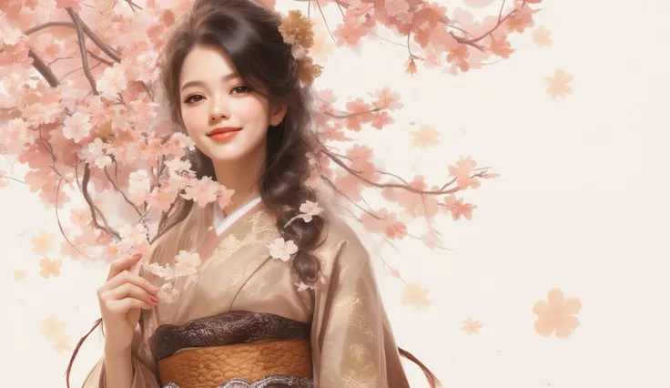 (((Watercolor brown paint :6、 acrylic paint )))、 cherry blossoms、Girl holding a cherry branch、 happy expression、 smile、Cabello largo Shinete y detallado、 black hair、 Detailed Kimono、 Textured belt、Tie the obi、( Shine、 fluffy 、bokeh)、((( dark sepia fi...