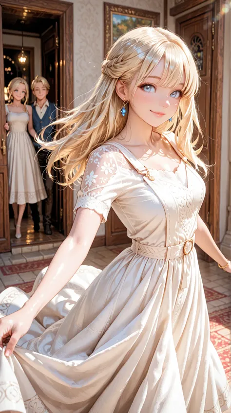 Dynamic perspective angle shot, A digital art image shows the dancing girl, long blonde hair, beautiful skin, bright blue eyes, smiling, dancing at family feast.family time. She dances with joy with her family .She wears a white dress, complete with a jewe...