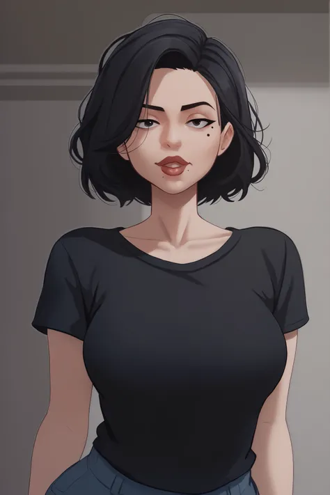lips,tall, milf,  beauty mark, medium breasts, cool face, brunnete, short curvy hair, black hair, (((character for visual novel))), Black T-shirt ,Talking to viewer