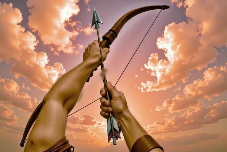 First-person perspective of an archer drawing a bow and aiming a single arrow toward the sky. The archer’s arms and hands are visible in the foreground, gripping the wooden bow tightly as the string is pulled taut. The sky above is vast and dramatic, paint...