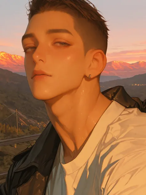 8k, beautiful masterpiece, 1 man, mature, Handsome male, 32 years old,188cm, Tanned brown skin, short hair, buzz cut, brown eyes, muscles, muscular, detailed portrait, cinematic lighting, dramatic pose, chiseled features, piercing gaze, rugged and masculin...