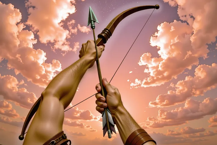 First-person perspective of an archer drawing a bow and aiming a single arrow toward the sky. The archer’s arms and hands are visible in the foreground, gripping the wooden bow tightly as the string is pulled taut. The sky above is vast and dramatic, paint...