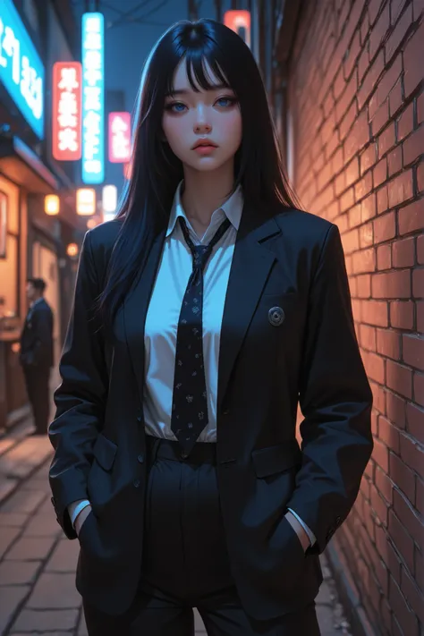 (masterpiece, ultra realistic, 8k, cinematic lighting, Korean mafia movie style), waist-up shot of a Korean high school girl with dreamy blue eyes and long black mid-layer hair (loose, natural), soft oval-shaped face with thin lips. She wears a disheveled ...