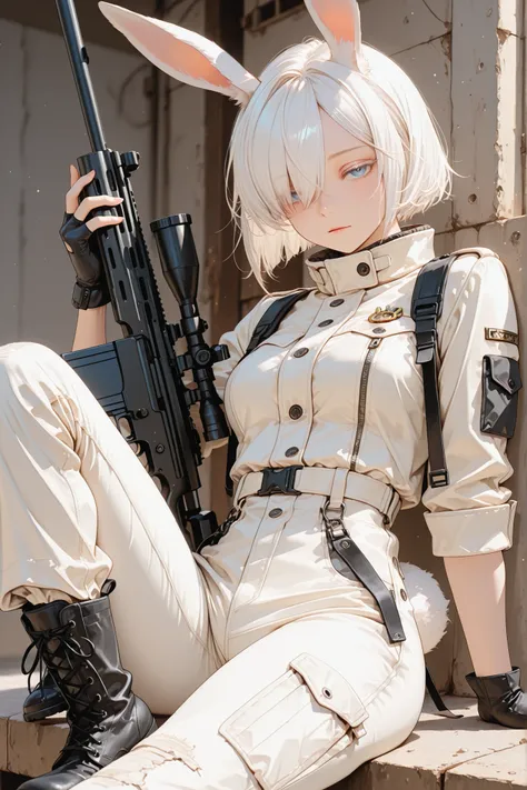 (masterpiece, detailed:1.2),1girl, animal ears, animal tail, white hair, blue eyes, high collar, buttons, jacket, rabbit ears, rabbit girl, rabbit tail, white jacket, closed jacket, white pants, cargo jeans, black boots, cross-laced footwear, black gloves,...