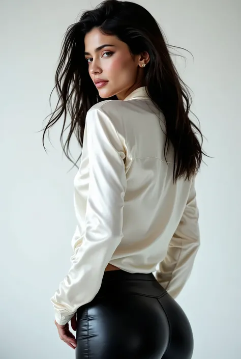 arafed woman, instagram model with a shiny white satin button down shirt, black leather pants, side profile, white studio background