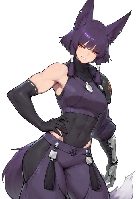gorgeous kitsune girl, beautiful face, kitsune, hair of ash-purple color, beautiful woman, orange eyes, slit pupils, personalami style, volputrous body, toned woman, curvy and athletic, fox ears, short hair, dark adventurer jacket, buggy pants, single paul...
