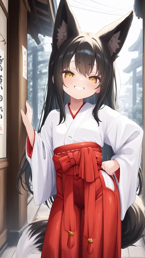 miko,Little girl with fox ears、(dark haired、female brat) 、((cute、provocative smile))、Shibuya Scenery、Anime Style、High Definition、High Quality、1girl