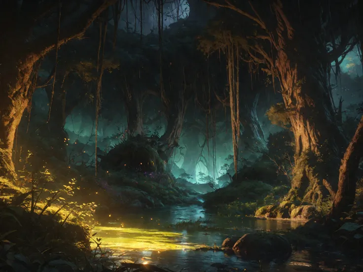 an enchanted and melancholy ((Swamp dominated by shades of dark green and dark yellow)), twisted trees and branches that hang down like natural curtains, Night light is soft and diffuse, gothic, cinematic composition, detailed landscape, best quality,4k,8k...