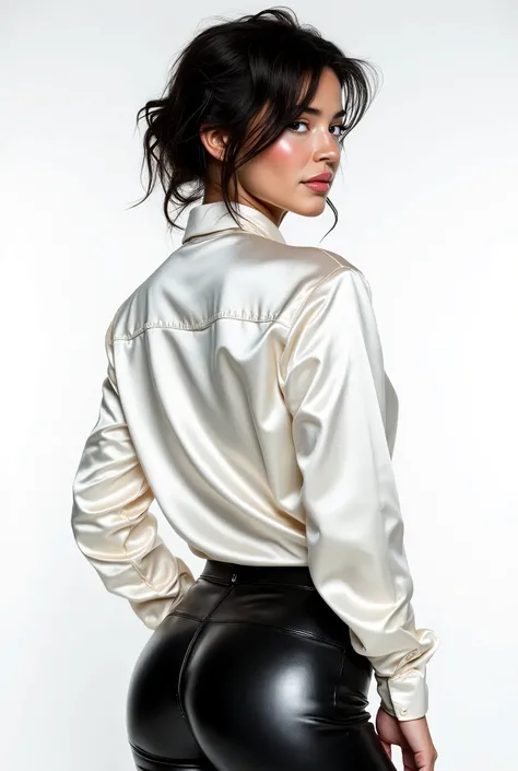 arafed woman, instagram model with a shiny white satin button down shirt, black leather pants, backview, looking over her shoulder at the camera, white studio background