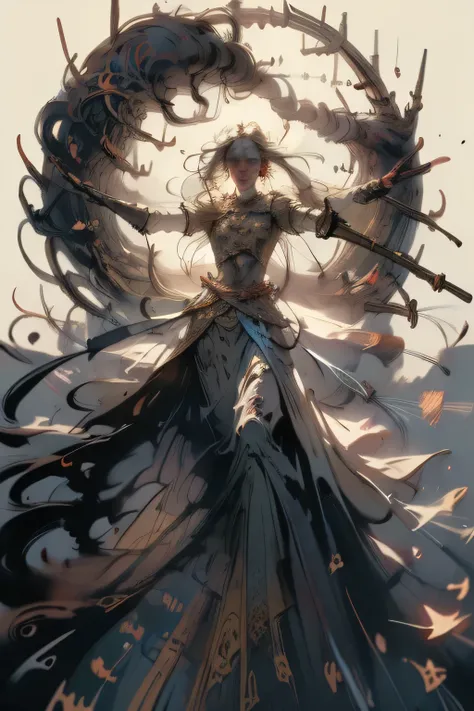 (((masutepiece, of the highest quality, super detailed))), hand drawn style, sketch, limited pallette, white background, plain background, an ethereal female, grace, power, presence, seven swords swung from reams of braided hair, cosmic horror, grim dark
