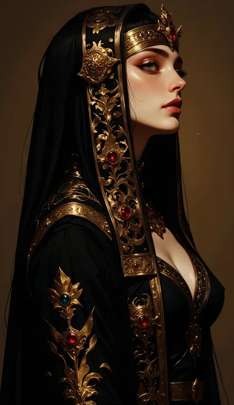 Cleopatra in the Gothic style. Dark robes, embroidered with gold and rubies. Dramatic lighting. The pose in profile is Pharaonic.