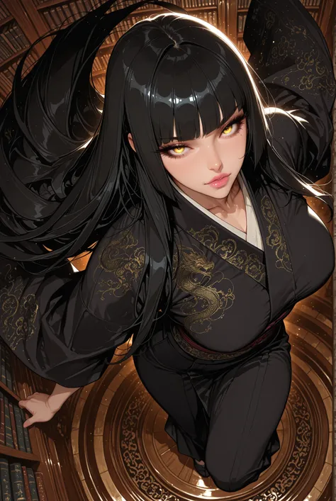 young woman, adult female, medium plus sized breasts, mature women, mature woman, 1girl, pink lips,, sharp gaze, golden eyes, black eyeliner, black hair(hime-cut), black kimono( golden embroidery patterns), medium plus sized breasts, toned body, very long ...