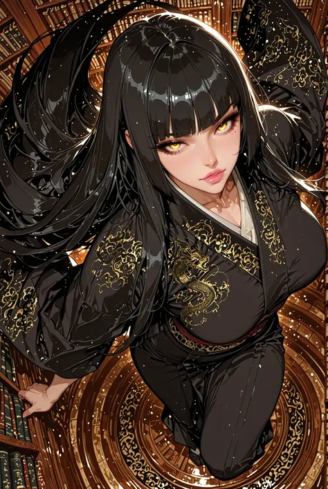 young woman, adult female, medium plus sized breasts, mature women, mature woman, 1girl, pink lips,, sharp gaze, golden eyes, black eyeliner, black hair(hime-cut), black kimono( golden embroidery patterns), medium plus sized breasts, toned body, very long ...